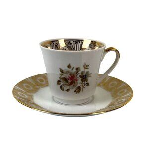Winterling Kirchenlamitz Bavaria Gold Border Rose Teacup & Saucer Set, Floral Pr